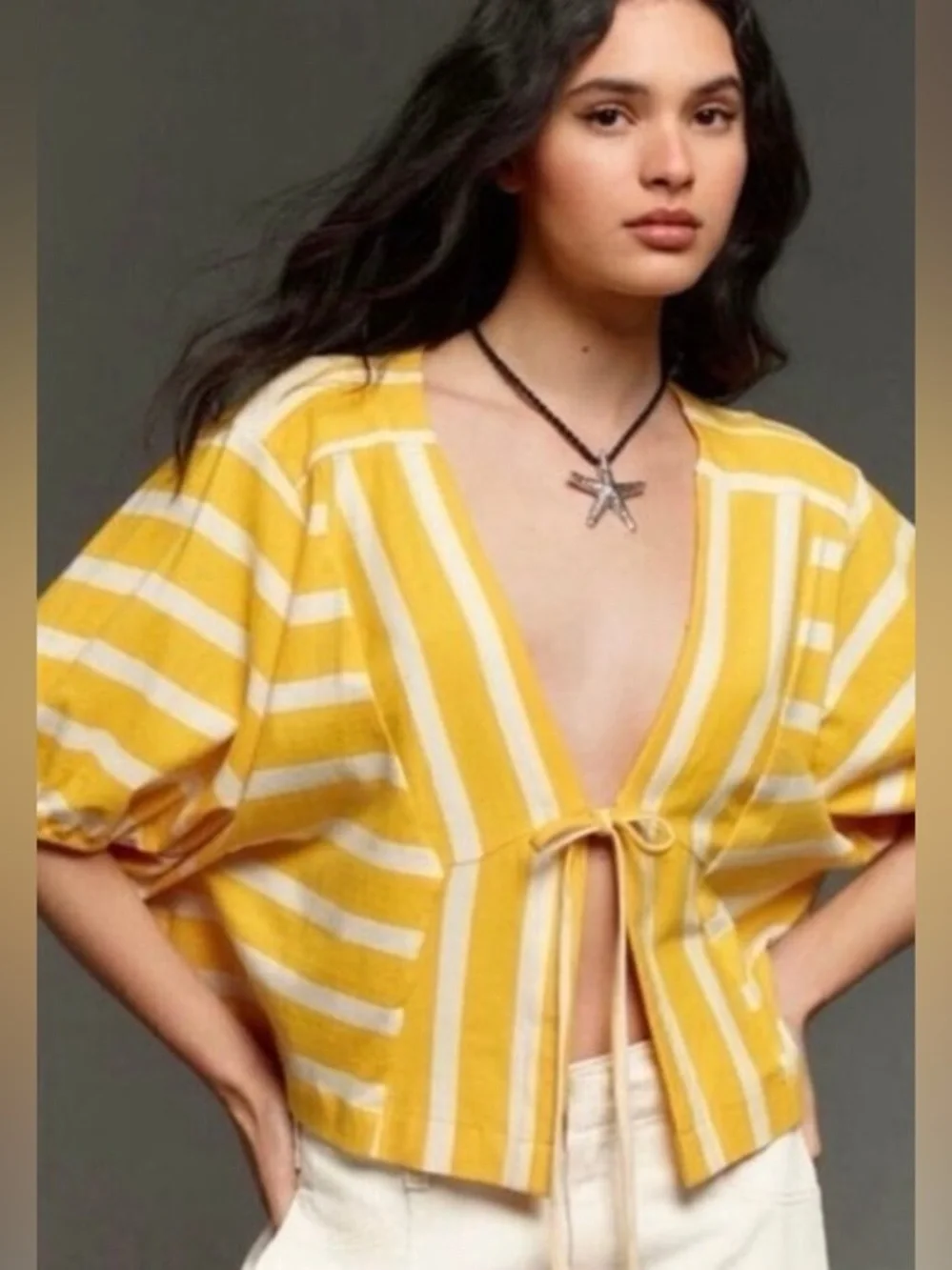 Yellow Stripe By Anthropologie Voluminous Tie-Front Top Yellow Stripe Top: Small